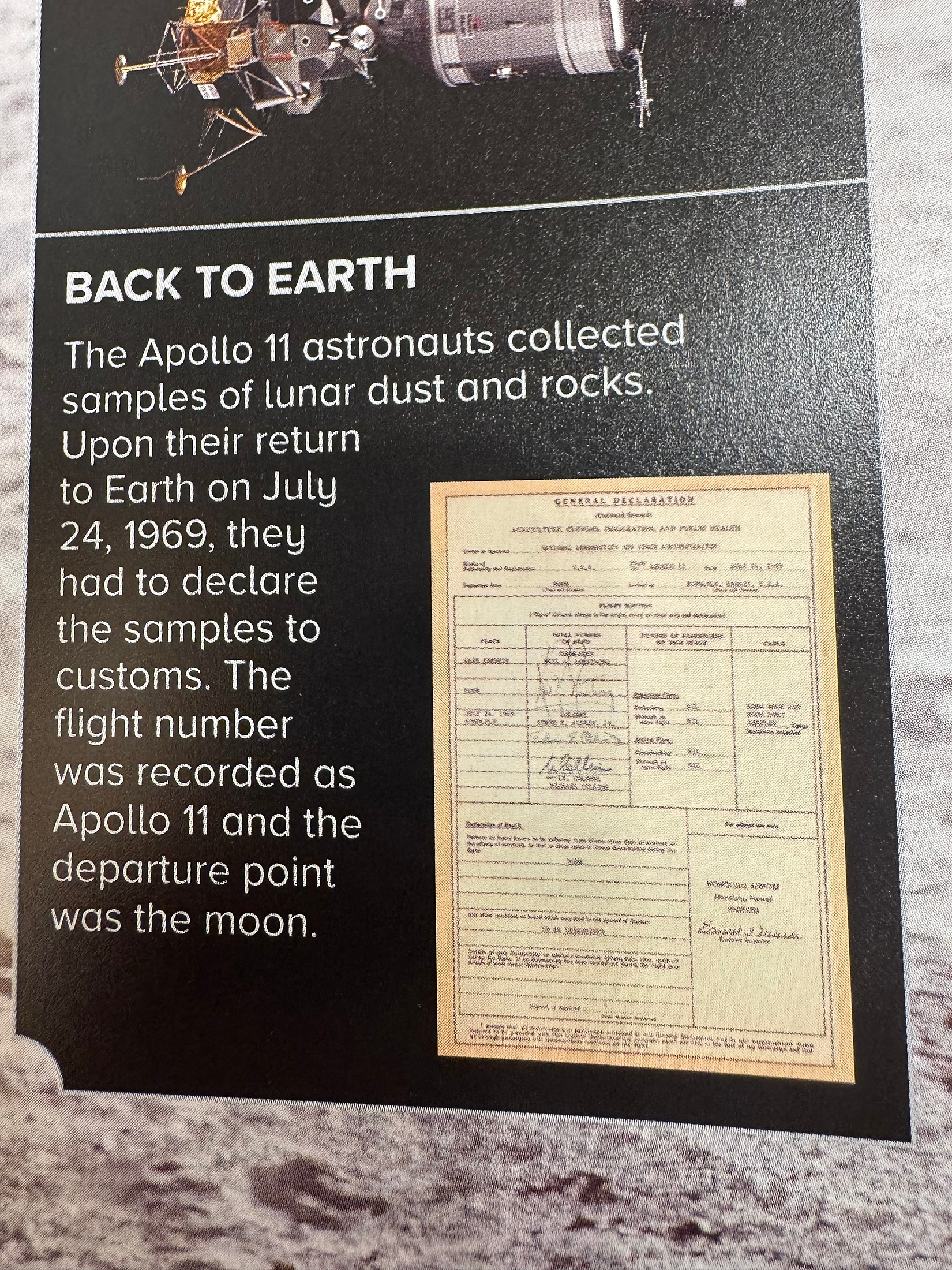 '...Upon their return to Earth on July 24, 1969, they had to declare their samples to customs. The flight number was recorded as Apollo 11 and the departure point was the moon'; Summer 2026
